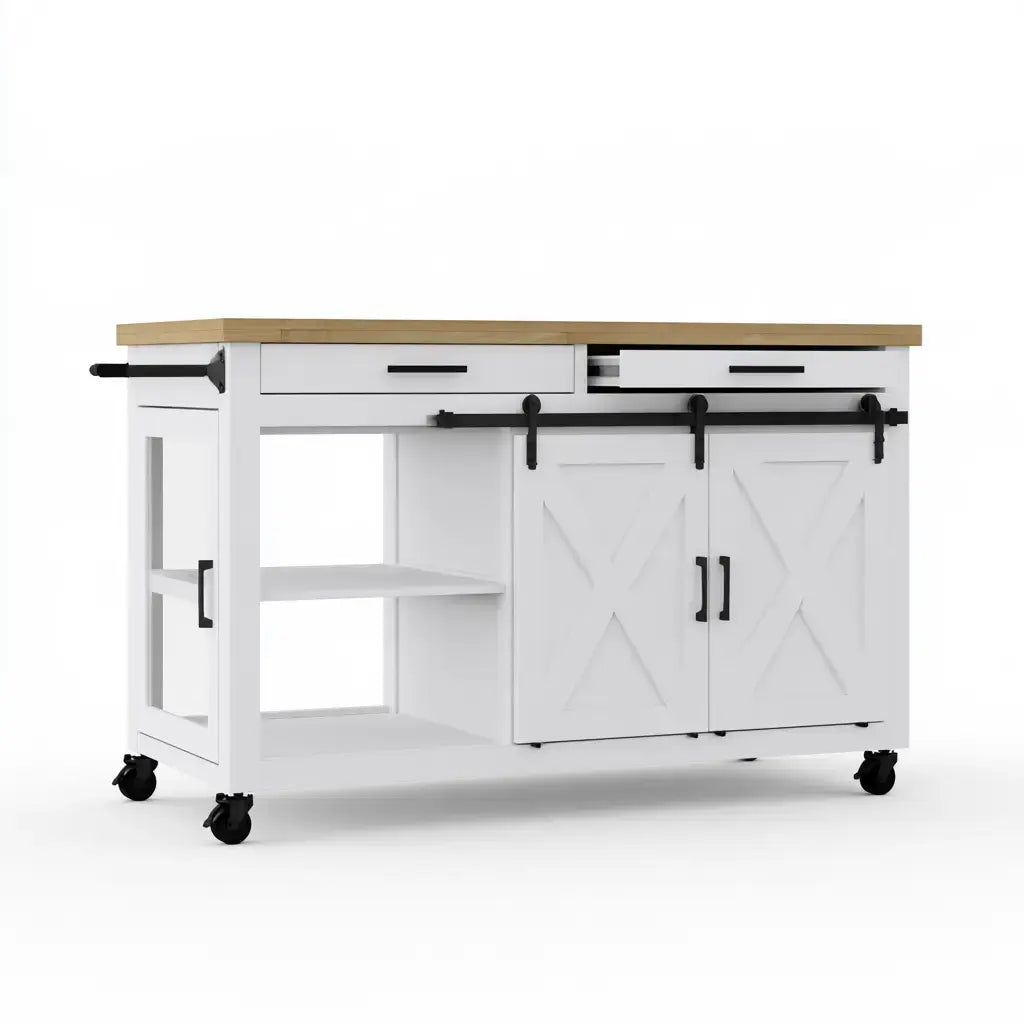 Isla de cocina con puerta corredera y compartimentos laterales - blanco/beige