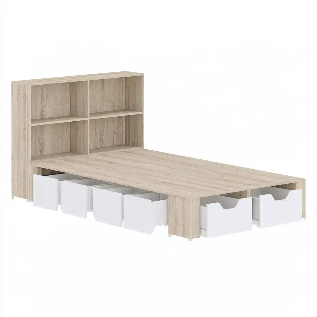 Cama con cabecero de estantes y base decorada - beige