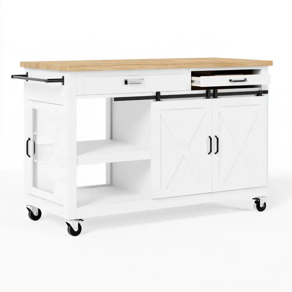 Isla de cocina con puertas correderas y estantes laterales - blanco/beige